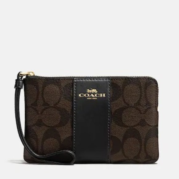 Coach Corner Zip Wristlet In Signature Canvas Gold/Brown Black - Picture 1 of 5